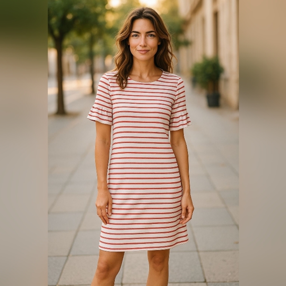 Ann Lane - NWT, Red & White Stripes, A - Line Dress W/ Ruffles On Short Sleeves